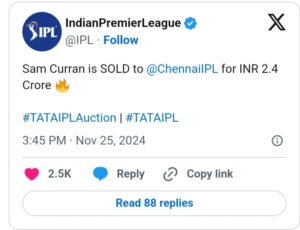 IPL 2025 Mega Auction Live: आईपीएल मेगा ऑक्शन में इस टीम ने सैम करन को 2.40 करोड़ में ख़रीदा