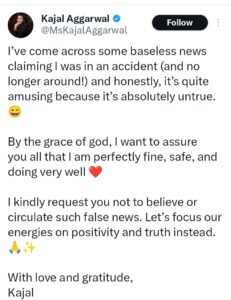Kajal Aggarwal On Her Death News: मौत की अफवाहों पर बोलीं काजल अग्रवाल – "मैं बिल्कुल ठीक हूं"